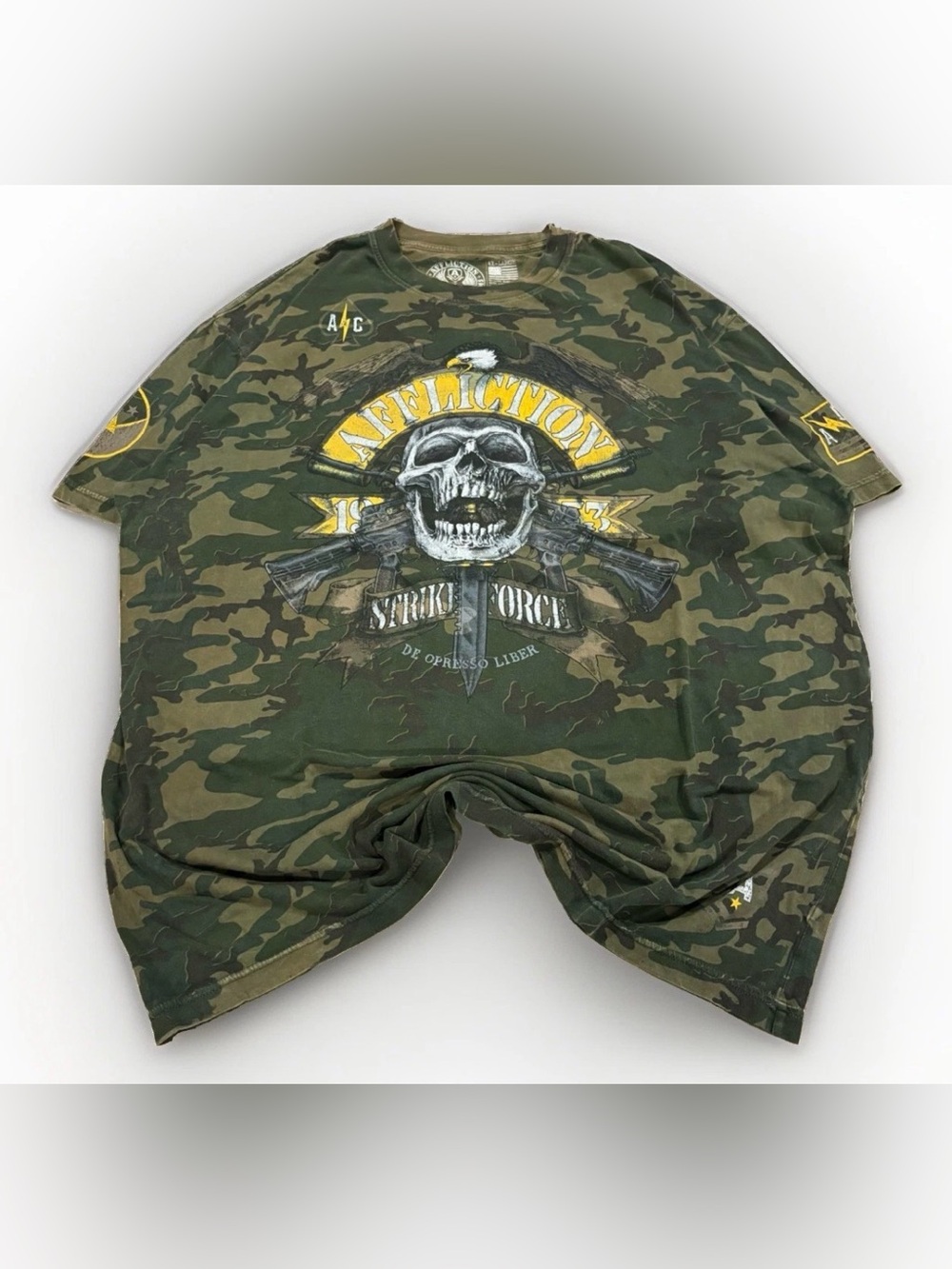 Rare Y2K Affliction T-Shirt Camo Double Sided AOP Size 4XL Made in USA MMA UFC